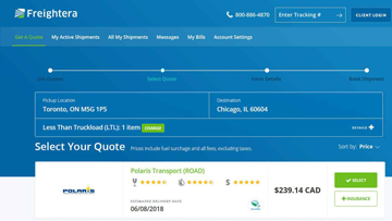 Freightera LTL freight quotes results screenshot